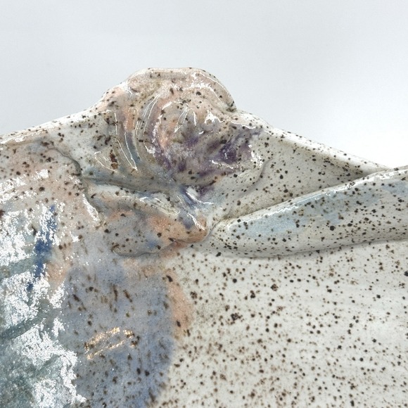 Large Artisan Studio Stoneware Bowl Artisan Signed Rustic Speckled Neutral Blue - Picture 6 of 13